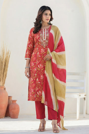 Red Green Straight Suit Set with Dupatta