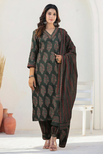 Ethnic Motif Printed Straight Cotton Suit Set