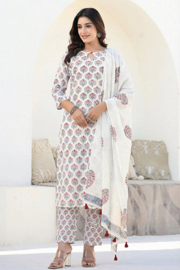 White Pink Organic Cotton Straight Kurta