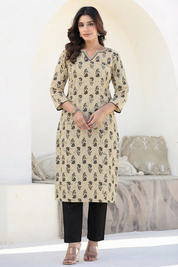 Beige Cotton Straight Kurta