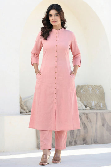 Salmon Pink Handloom Cotton A-line Kurta with Pockets