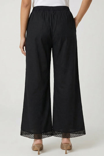 Black Organic Cotton Palazzo with Schiffli Lace