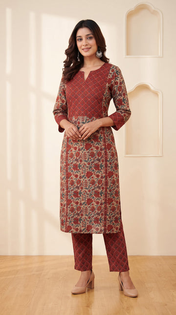 Maroon Beige Cotton Straight Kurta