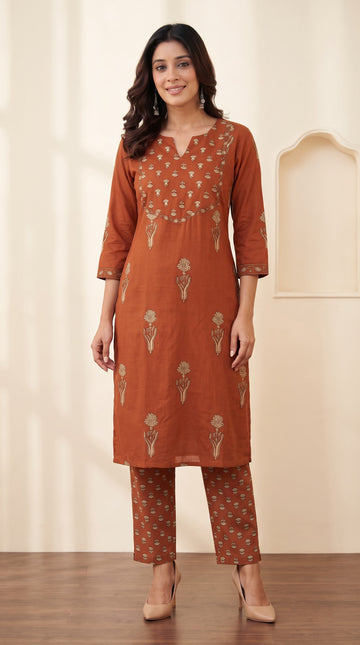 Rust Orange Cotton Straight Kurta
