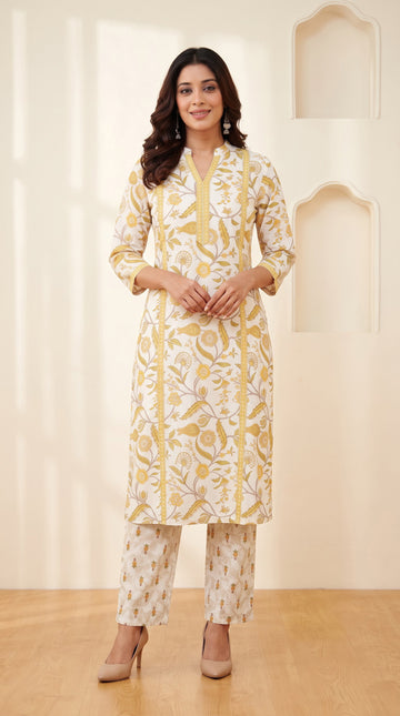 Cream & Yellow Printed Cotton Straight Kurta
