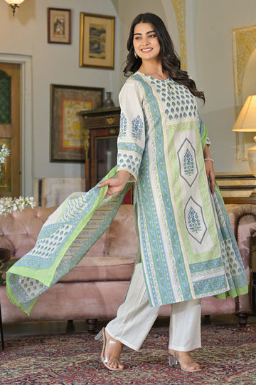 White Sea Green Straight Suit Set with Dupatta