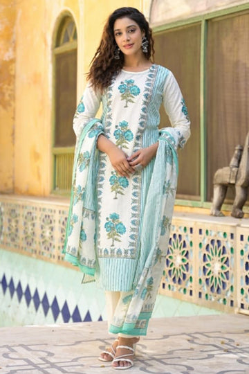 Blue White Straight Suit Set with Dupatta