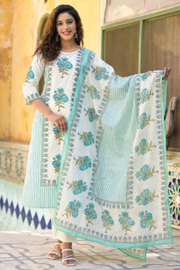 Blue White Straight Suit Set with Dupatta