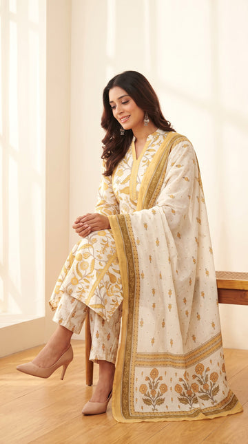 Yellow & Cream Mulmul Dupatta