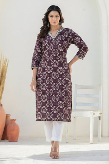 Purple Hand Printed Cotton Straight Kurta