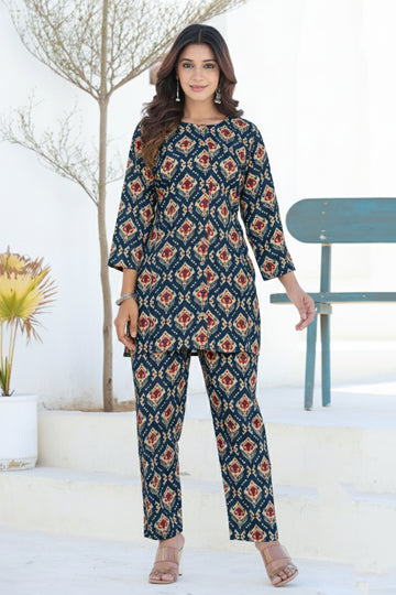 Navy Blue Ikkat Cotton Short Kurta