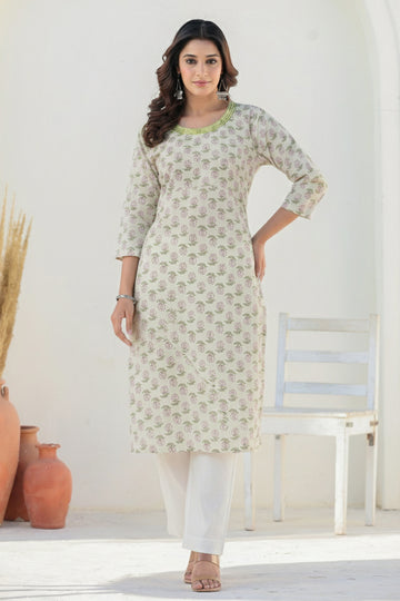 Lime Green Printed Cotton Straight Kurta