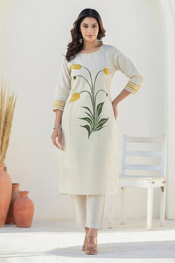 Off-white Yellow Linen Straight Kurta