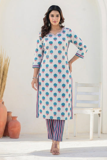 White Blue Cotton Straight Kurta