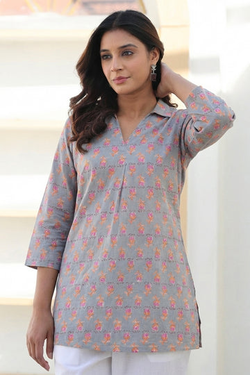 Grey Cotton Short Kurta