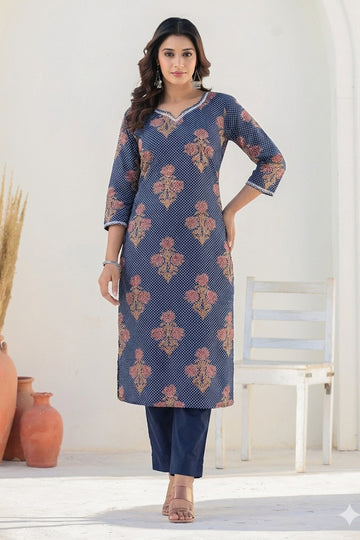 Navy Blue Organic Cotton Straight Kurta with Pockets
