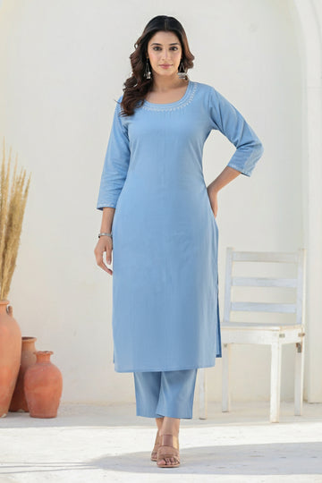 Blue Handloom Cotton Straight Kurta with Pockets
