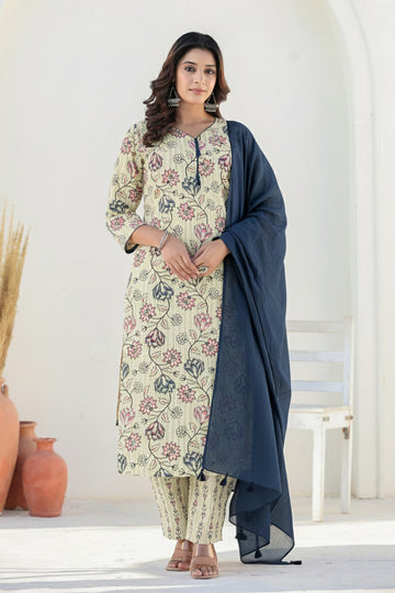 Cream Straight Kurta Pant Suit Set