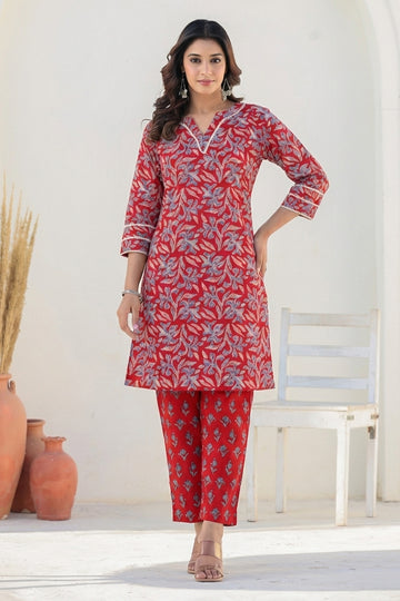 Red Floral Cotton Co-ord Set with Lace Work