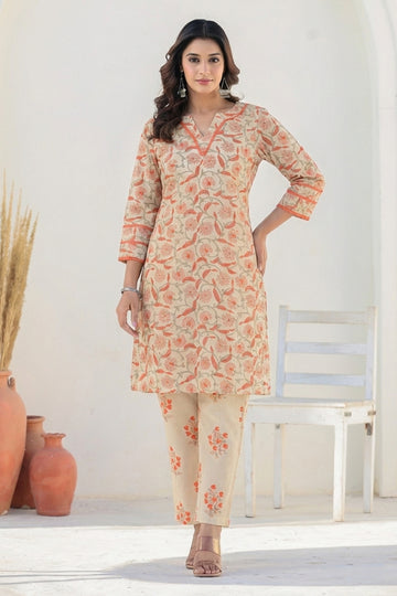 Cream Orange Floral Cotton Co-ord Set with Lace Work