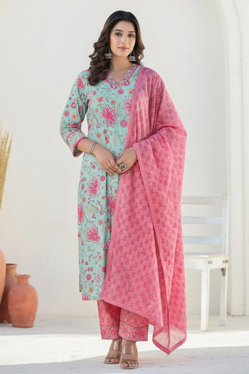 Pink Green Printed Cotton Straight Suit Set