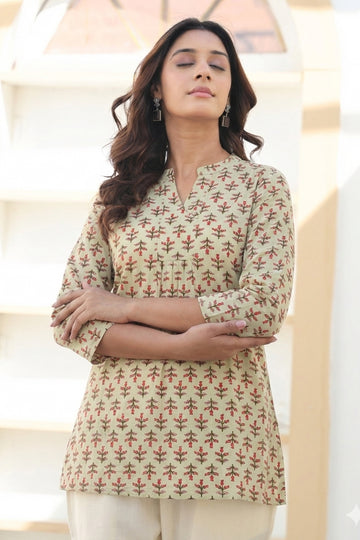 Mint Green Printed Cotton Short Kurta