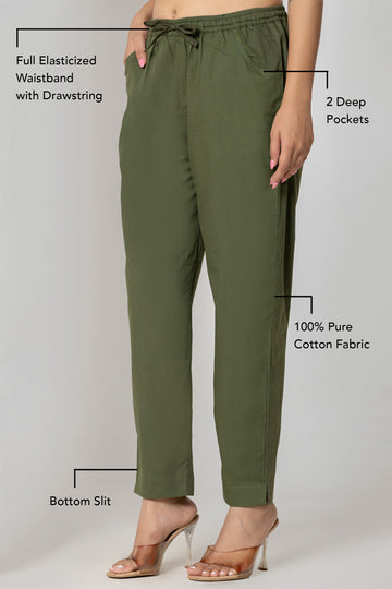 Olive Green Cotton Narrow Pants