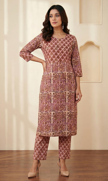 Pink Block Printed Cotton Straight Kurta