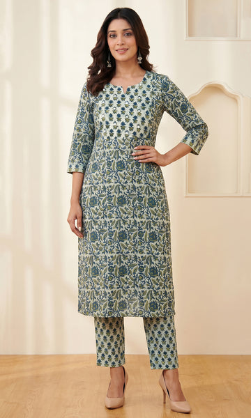 Green Block Printed Cotton Straight Kurta
