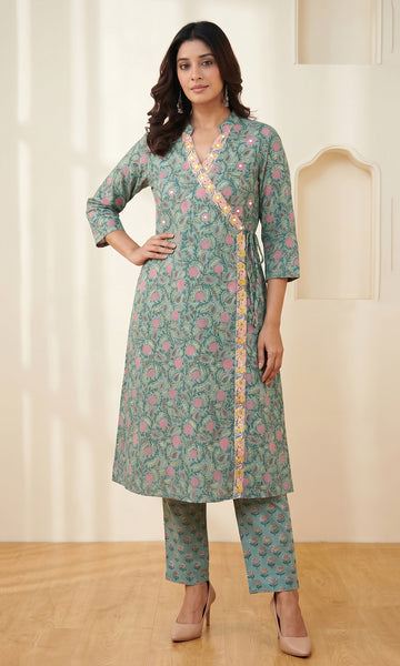 Green Block Printed Cotton Straight Kurta