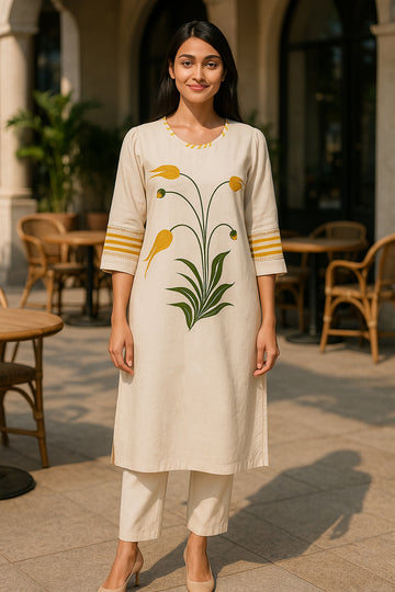 Off-white Yellow Linen Straight Kurta