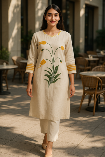 Off-white Yellow Linen Straight Kurta