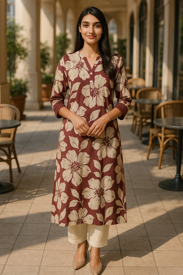 Purple White Floral Cotton Straight Kurta