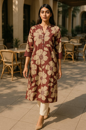 Purple White Floral Cotton Straight Kurta