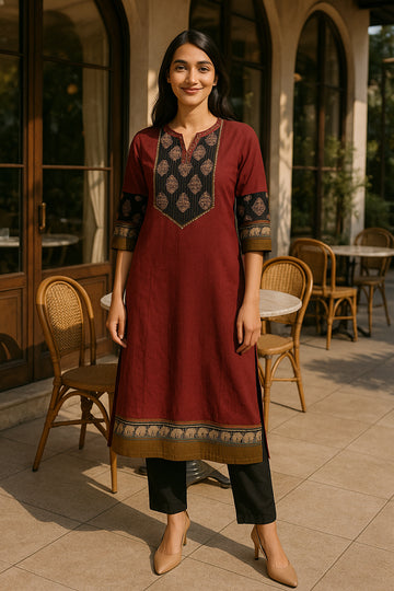 Maroon Black Cotton Straight Kurta