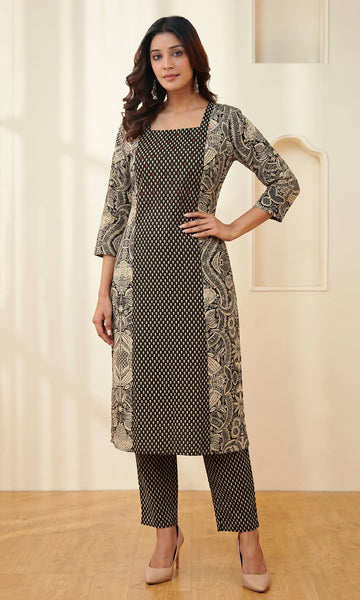 Black & White Printed Cotton Straight Kurta