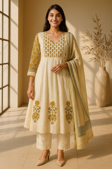 Yellow White Anarkali Suit Set with Dupatta