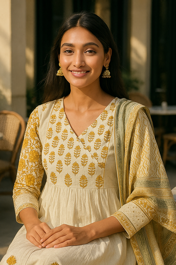 Yellow White Anarkali Suit Set with Dupatta