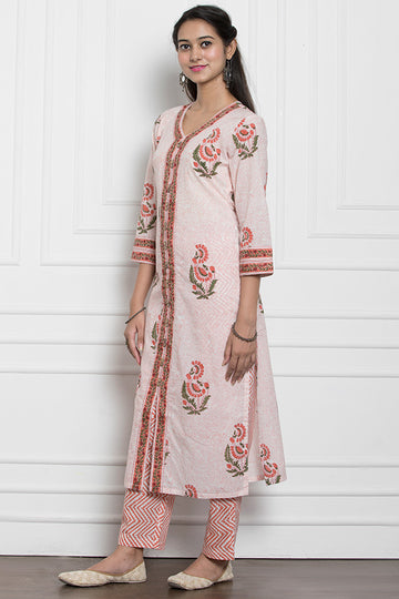 White Orange Block Printed Organic Cotton Straight Kurta