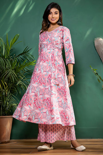 Blush Red Organic Cotton Anarkali Kurta with Pockets