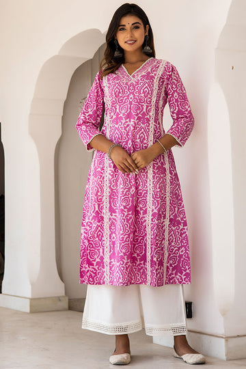 Pink Organic Cotton A-line Kurta with Pockets