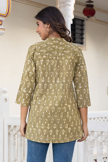 Olive Green Embroidered Organic Cotton Short Kurta