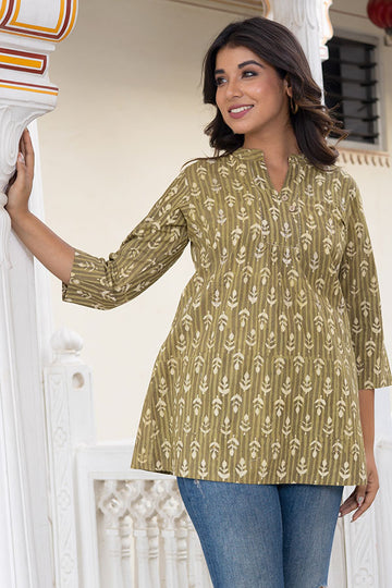 Olive Green Embroidered Organic Cotton Short Kurta