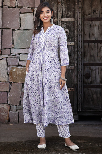 Lilac Purple White Organic Cotton Anarkali Kurta with Pockets