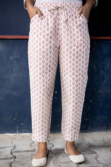 White Pink Printed Organic Cotton Narrow Pants