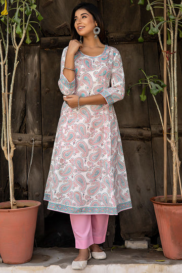 White Pink Organic Cotton A-line Kurta with Pockets