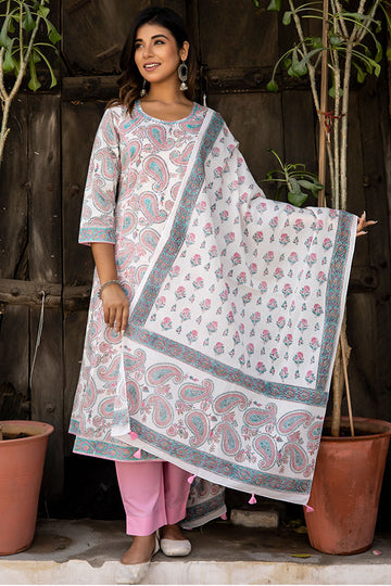 White Pink Printed Organic Mulmul Dupatta