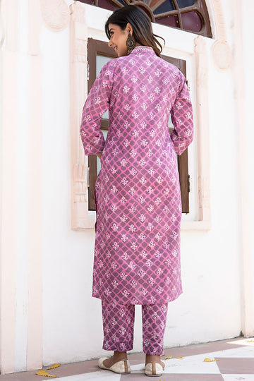 Pink Dabu Printed Organic Cotton Straight Kurta with Pockets