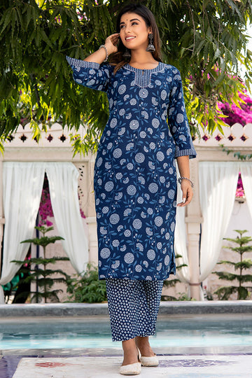 Indigo Printed Organic Cotton Straight Kurta with Pockets