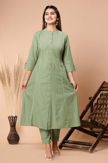 Sage Green Handloom Cotton A-line Kurta with Pockets